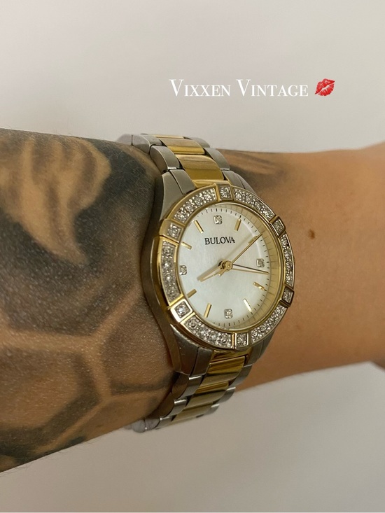 BULOVA ‘98R236 TWO TONE STAINLESS STEEL & DIAMOND WATCH’ W/ MOTHER OF PEARL DIAL
